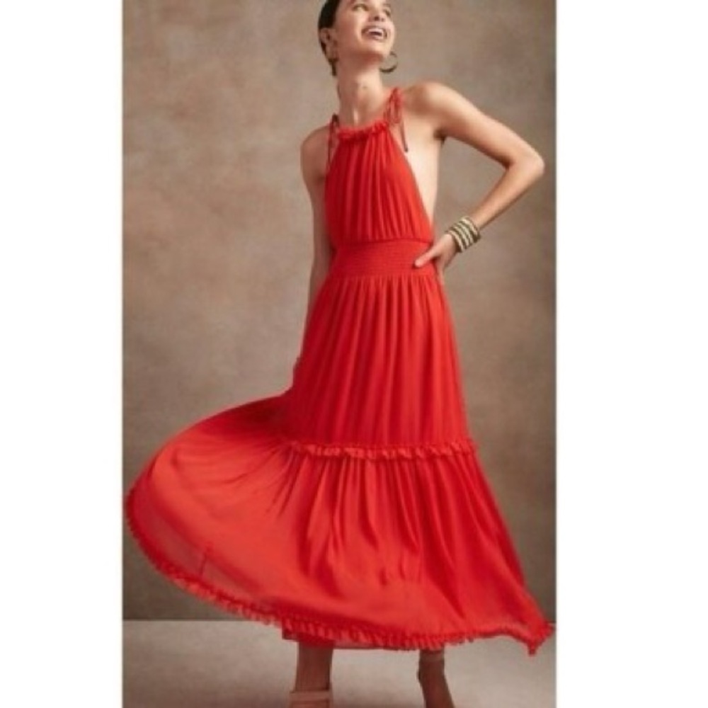 NWT M Tall Banana Republic Red Halter Maxi Dress | Smocked Waist Vacation Summer